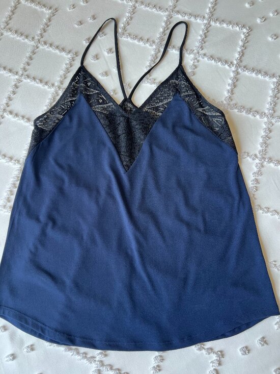 Express Tops - Express Navy Blue Cami Top Black Lace Trim V-Neck Spaghetti Strap SIZE MEDIUM